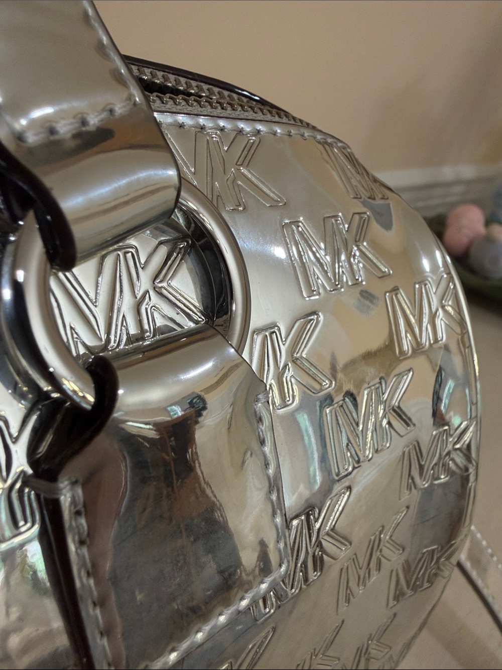 Michael Kors Mason Metallic Silver MK Monogram Satchel - Picture 5 of 10